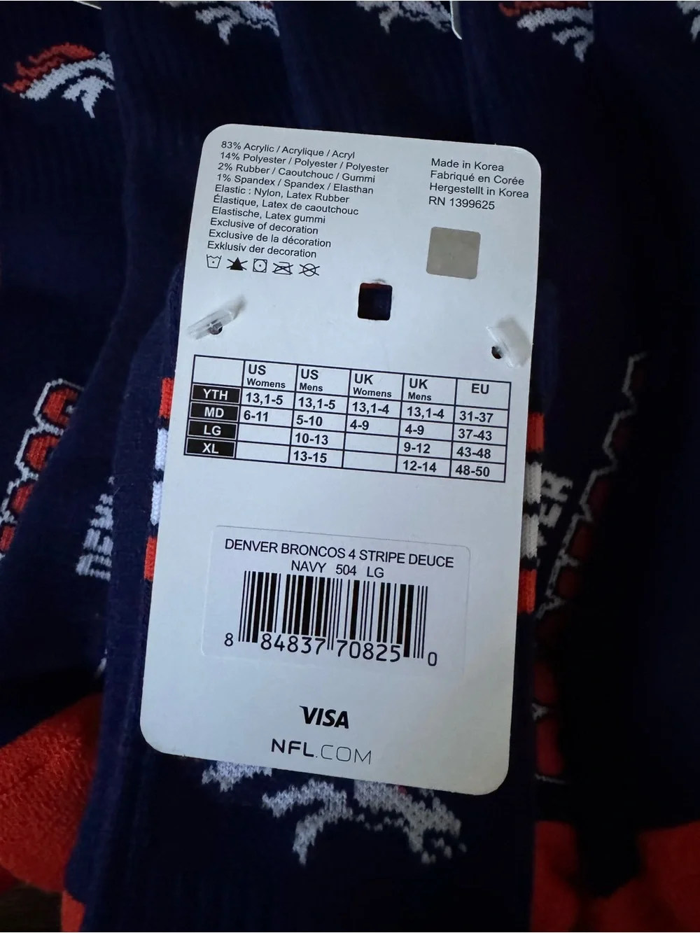NFL Denver Broncos Crew Socks - Large - Brand New